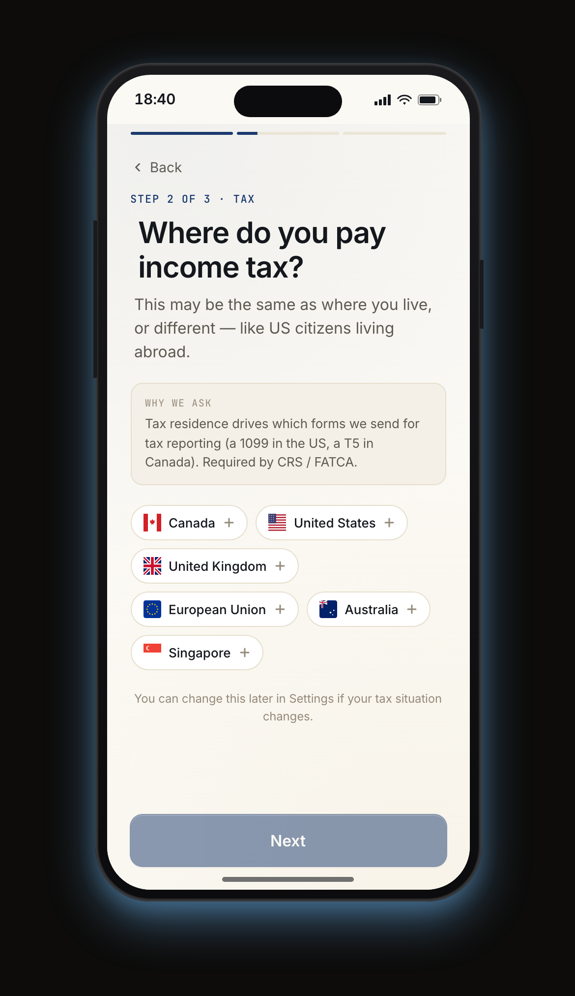 Mobile tax residence capture on the shipped Katipult flow — single-question step inside a three-screen jurisdiction sequence that separates legal residence, tax residence, and citizenship