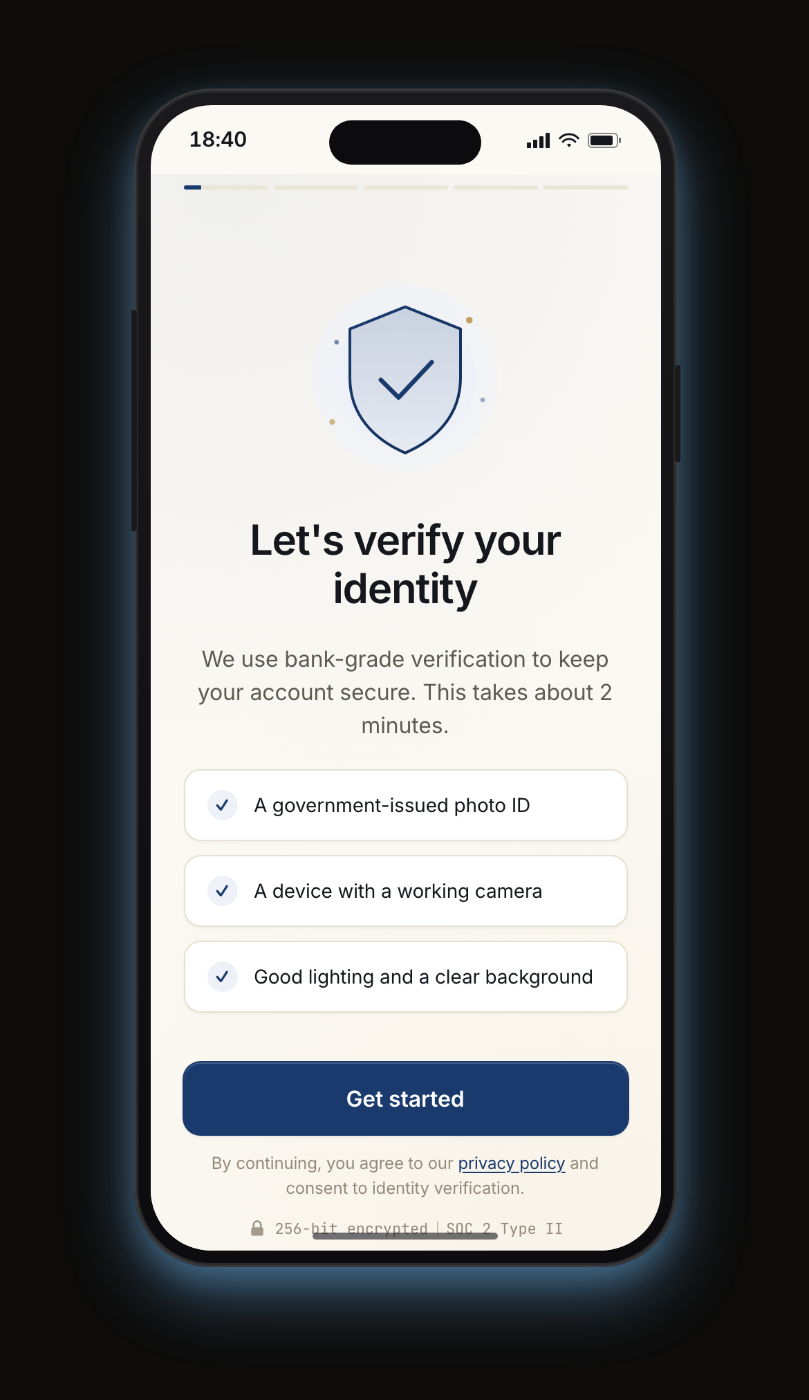 Mobile KYC welcome screen on the shipped Katipult flow — explains required documents, time estimate, and encrypted data handling before any upload