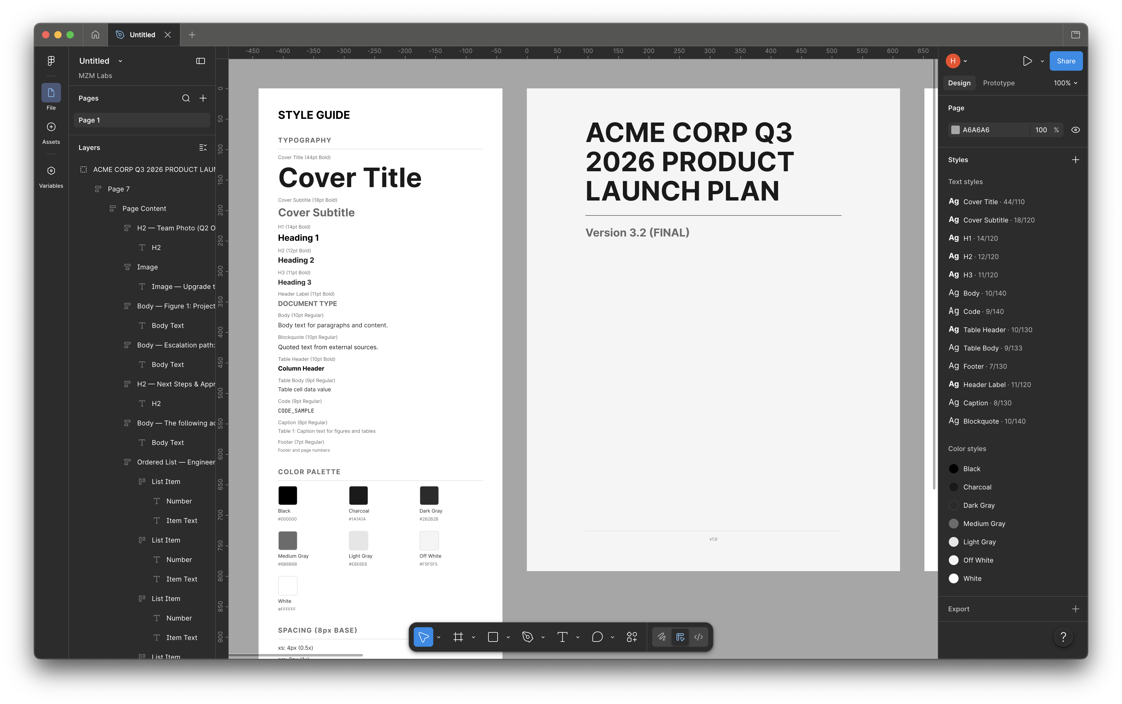 Figma canvas after Docs to Design plugin run — Style Guide companion page on the left showing the full type spec (Cover Title, Cover Subtitle, Heading 1, Heading 2, Heading 3, Body) and the brand Color Palette swatches; Cover page on the right with 'ACME CORP Q3 2026 PRODUCT LAUNCH PLAN — Version 3.2 (FINAL)'. Layers panel left shows named structure: ACME CORP Q3 2026 PRODUCT LAUNCH PLAN > Page 7 > Page Content > H2 — Team Photo > Body — Figure 1 Project > Body Text > Ordered List — Engineer. Text Styles + Color Styles panels right show the design system the plugin links into the canvas. Evidence that the polish chrome — type spec, color palette, layer naming — generates as part of the engine, not as designer follow-up.