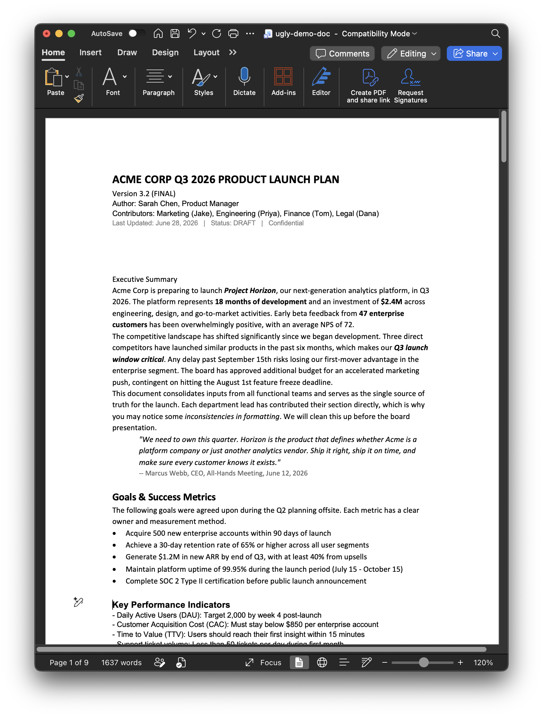Microsoft Word document open at 120% — 'ACME CORP Q3 2026 PRODUCT LAUNCH PLAN' Version 3.2 (FINAL). Author Sarah Chen, Product Manager. Contributors across Marketing (Jake), Engineering (Priya), Finance (Tom), Legal (Dana). Body shows Executive Summary, Goals & Success Metrics with bullets, Key Performance Indicators. Page 1 of 9, 1637 words. The kind of structured client document that turns into 4–8 hours of Figma transcription work.