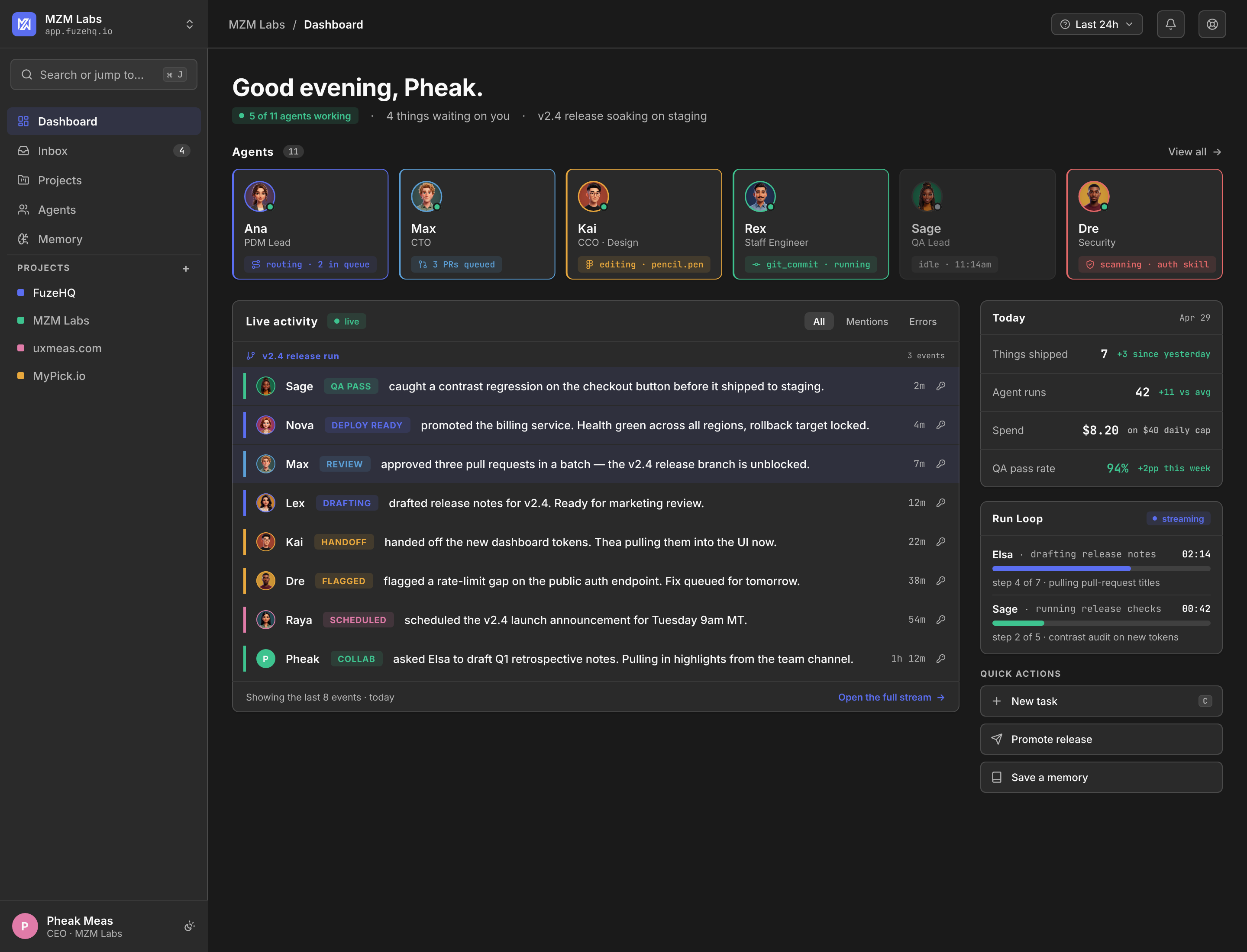 FuzeHQ Dashboard screen — Roster strip with six named agents, live activity stream below showing signed handoffs in real time, Run Loop sidebar on the right