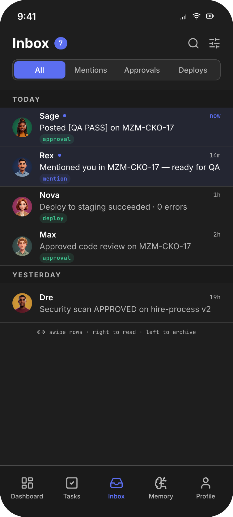 FuzeHQ Inbox mobile — threaded release notifications collapsed for thumb scroll, agent attribution preserved
